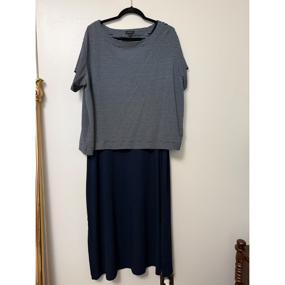 J. Jill Wearever Navy Striped 2 Piece Maxi Dress Set Short Sleeve Top